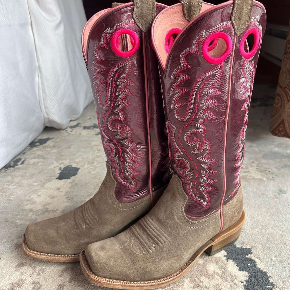 Ariat Brown and Pink Heeled Boots with Western Flair